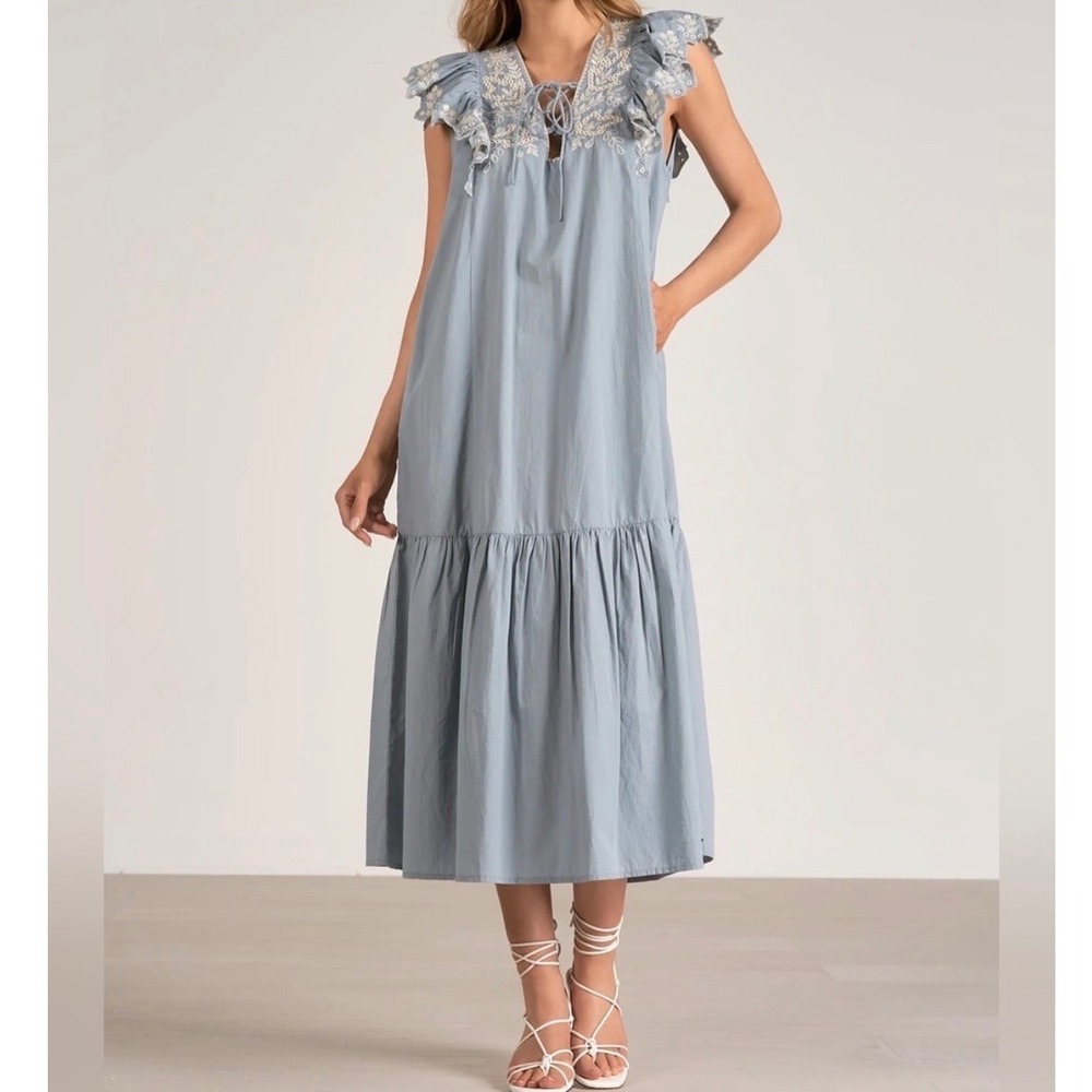 Elan Ruffle Sleeve Embroidered Midi Dress Blue Boho Coastal Cottagecore Small nn
